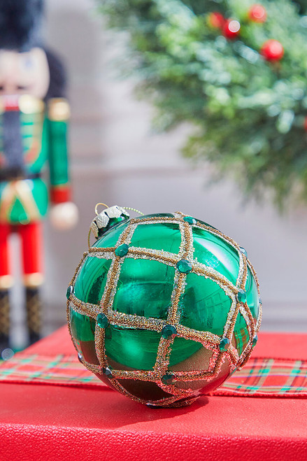 4” Green & Gold Glass Beaded Net Ball Ornament