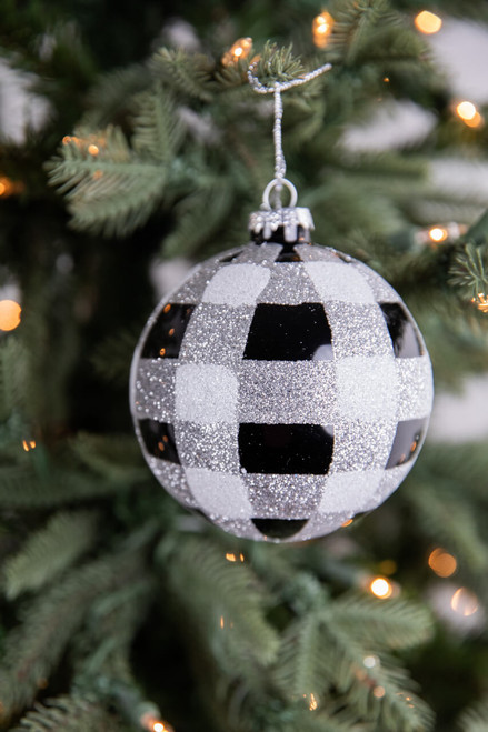 4” Glass Glitter Check Ball Ornament