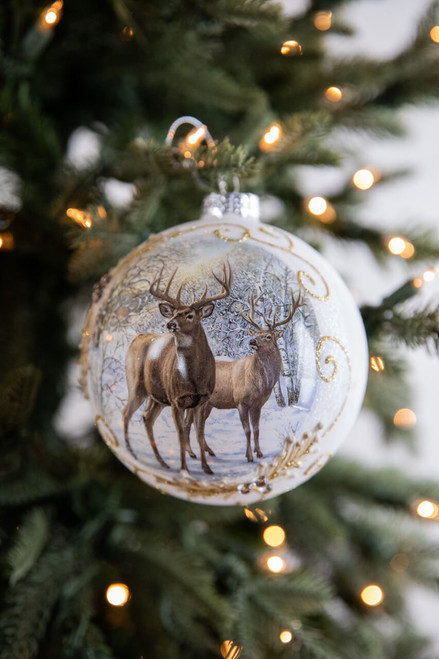 5” Glass Deer W/ Holly Scroll Ball Ornament