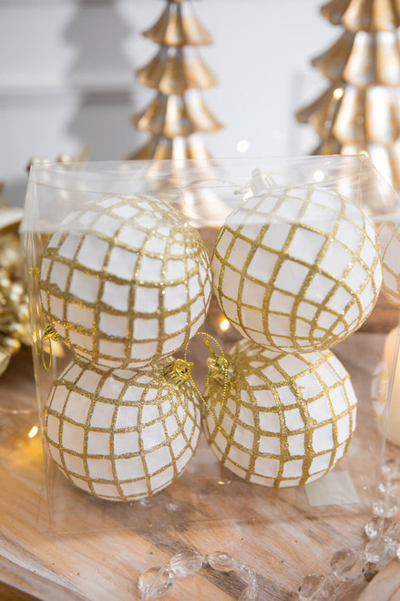 3.5” White & Gold Glitter Net Concave Ball Ornaments - Set of 4