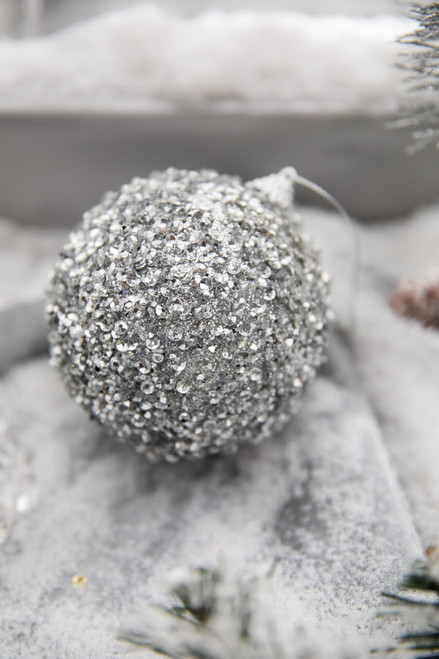 3.5” Silver Glitter sequined Ball Ornament