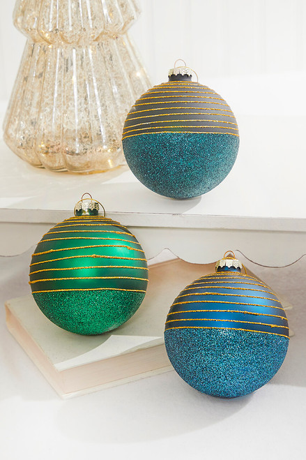 4” Line Ball Glass Ornament - 3 assorted