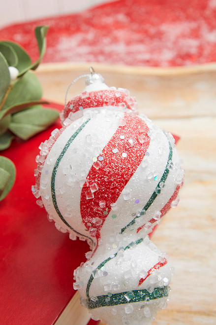 10" Red White Green Stripe Finial Ornament - Zoomed in