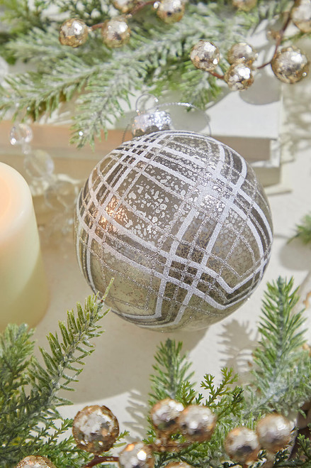 4" Silver Glass Diagonal Plaid Ball Ornament