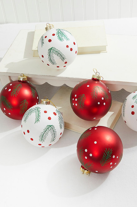 5" Red/White Christmas Ball Ornaments - Set of 6