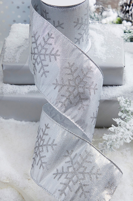 4" x 10 Yard Silver Snowflake Christmas Ribbon