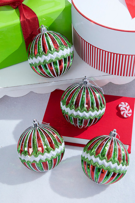 4" Red/Green/White Mercury Ridged With Zigzag Stripe Ball - Set of 4