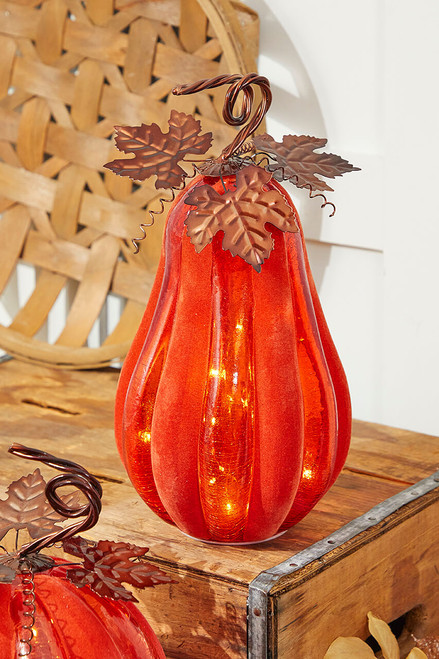 14" Velvet & Glass Light Up Pumpkin - Orange