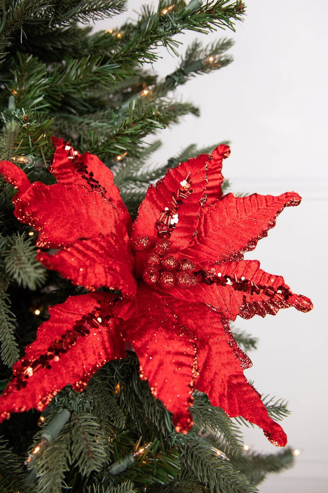 24” Red Glitter Edge Velvet Poinsettia Stem - Decorator's Warehouse