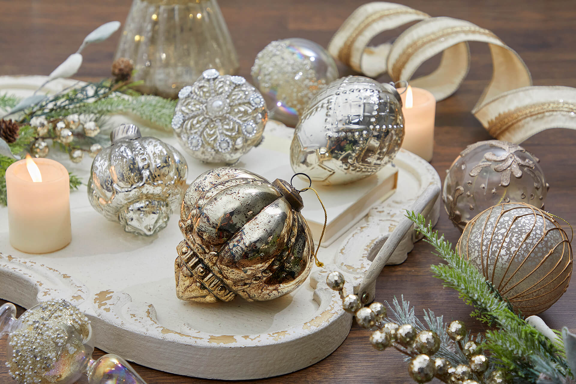 5 Round Antique Silver Mercury Glass Ball Ornament