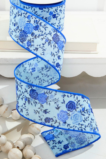 2.5” x 10 Yard Blue Spring Floral Ribbon - Decorator's Warehouse