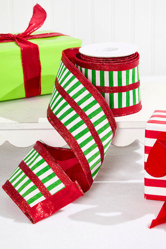 Green and White Striped Ribbon - Decorator's Warehouse