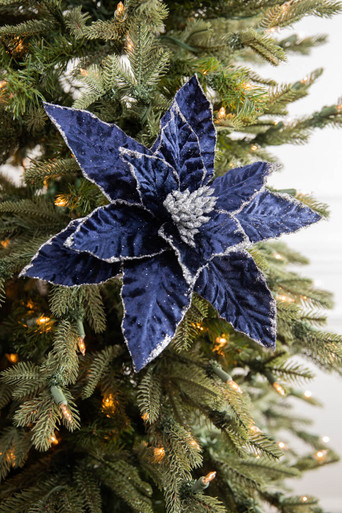 24” Navy Glitter Edge Velvet Poinsettia Stem