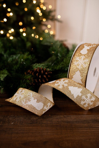 2.5” x 50 Yard Gold Deer/Snowflake/Tree Glitter Christmas Ribbon