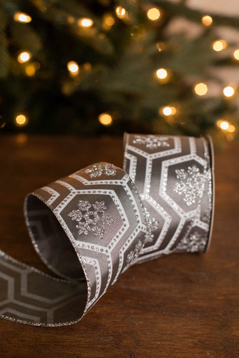 4” x 10 Yard Silver Glitter Snowflake on Lame Ribbon