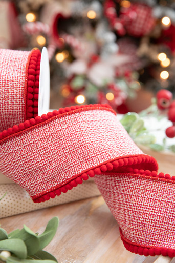 Wired Red/White Pom Pom Trim Ribbon 1.5 wide by the yard