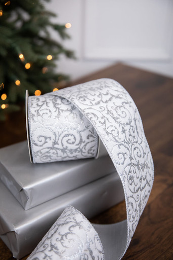 4 x 5 Yard Scroll Metallic Dupion Fused Ribbon - White/Silver