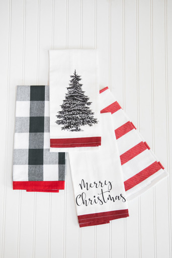 Cotton Kitchen Tea Towels - 2 Country Check, 2 White with MERRY CHRISTMAS