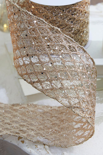 Champagne Gold Wired Ribbon,Metallic Champagne and Glitter Mesh  Ribbon,Christmas