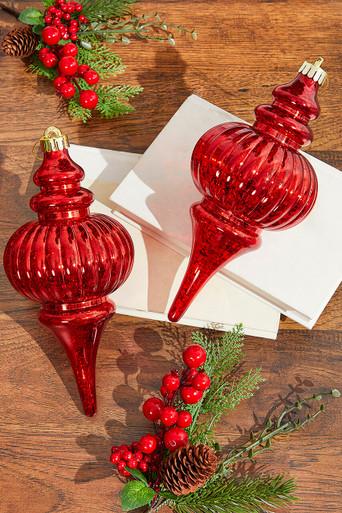 10 Red Mercury Ridged Finial Ornament - Set of 2