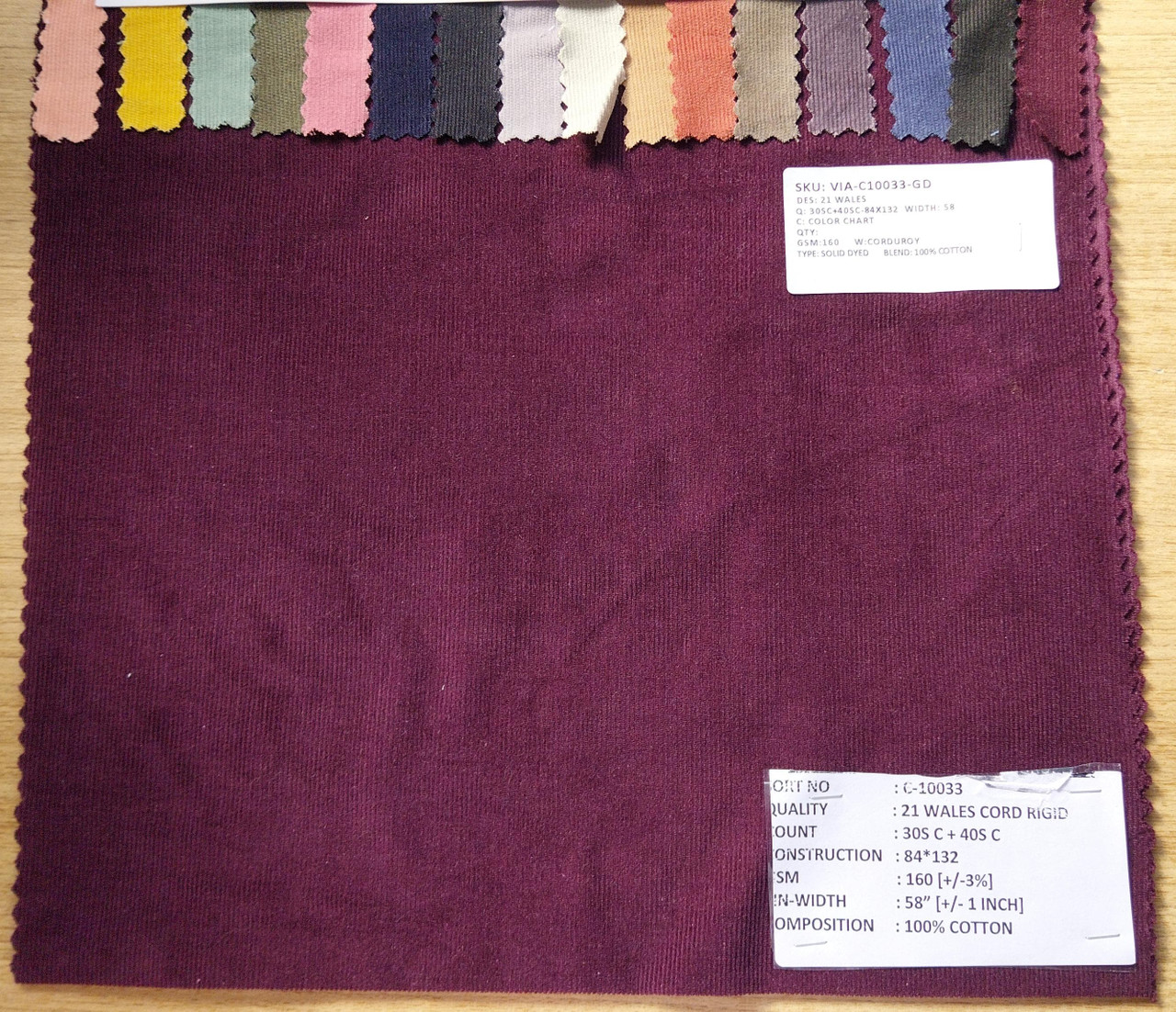 100% Cotton Solid Dyed Corduroy 21 Wales Color Chart 30Sc+40Sc-84X132 W ...