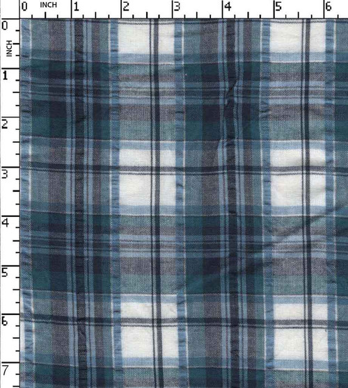 100% Cotton Yarn Dyed Plain Medium Checks Turq/Sky Blue/White Seer Sucker  Gsm-108 Nem-Ziggy Blue