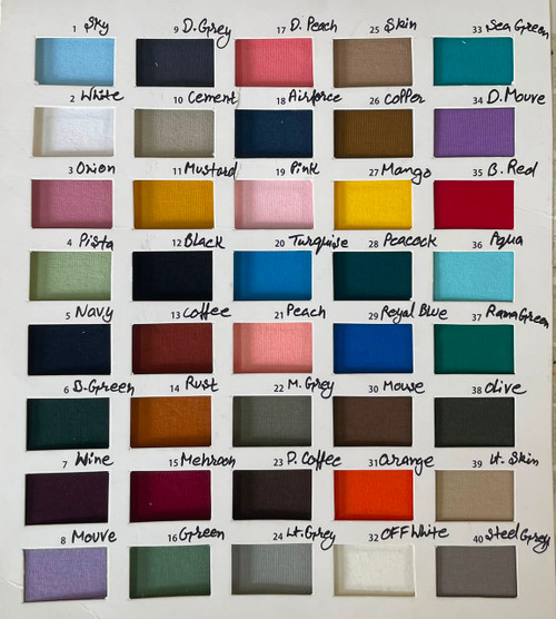 94% Cotton 6% Lycra Solid Dyed Single Jersey Color Chart