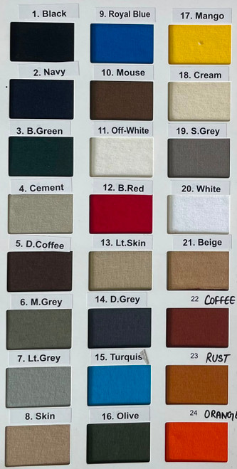 92% Cotton 8% Lycra Solid Dyed Single Jersey Color Chart