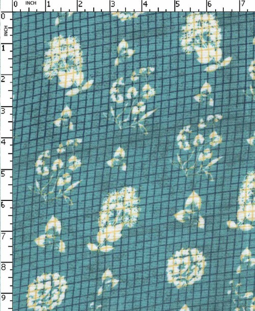 100% Rayon Printed Plain Floral With Mini Check Skyblue/Navy/White/L.Yellow   Gsm-117 Nem-9672-Ab