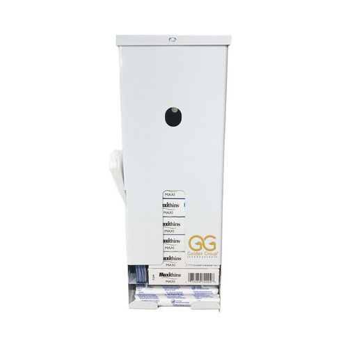 Tampon and Sanitary Napkin Dispenser, White Steel, Wall-Mounted