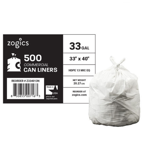 Zogics 33 Gallon Can Liners, 33" x 40", 13 Mic, High-Density, Commercial Grade, Natural, (500/Case)