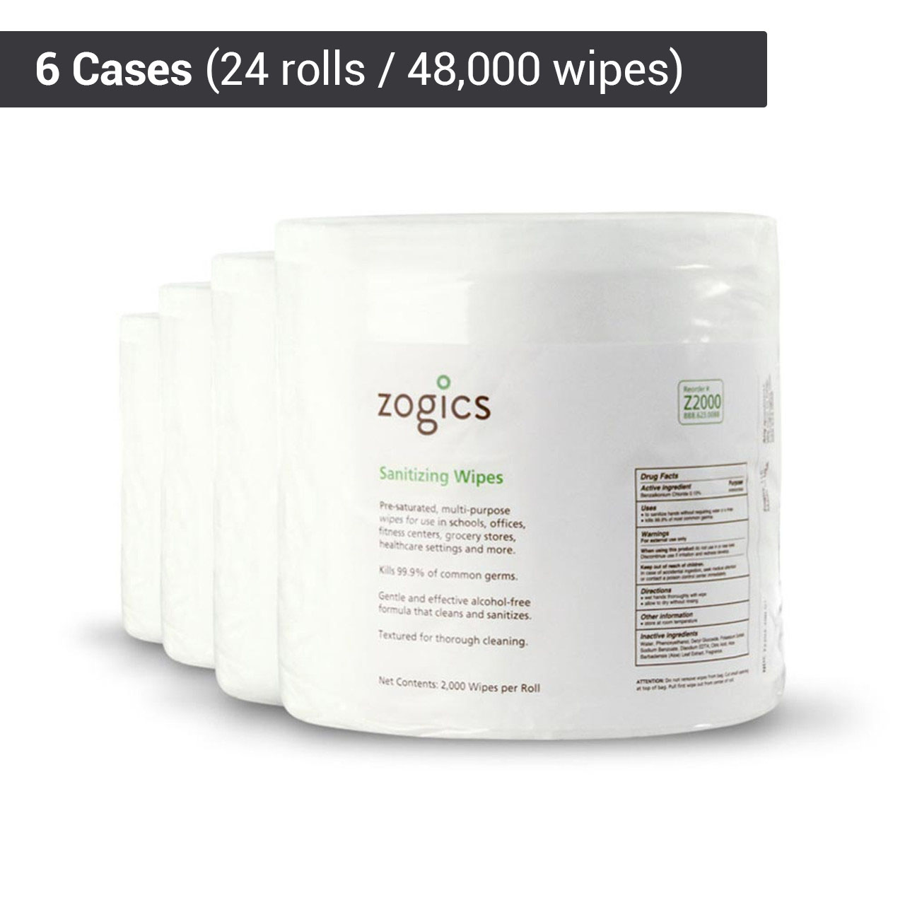 Zogics Hand & Surface Sanitizing Wipes, Z2000-4, (4 rolls/case)