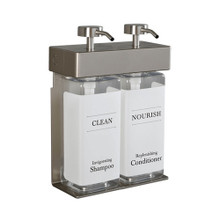 SOLera Satin Silver Rectangle 2-Chamber Refillable Dispenser with White Label