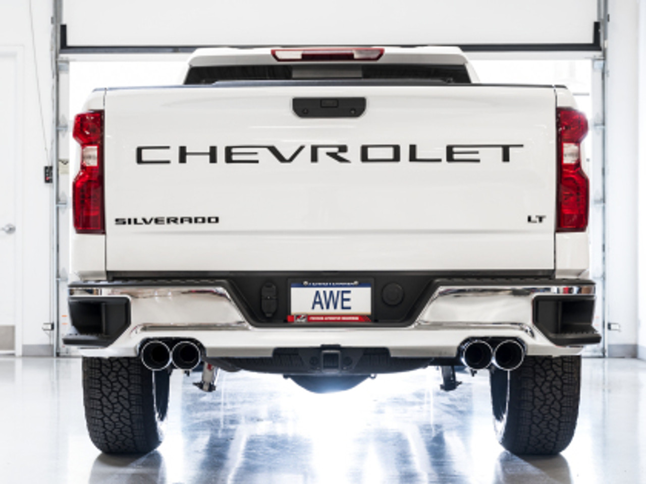 AWE Tuning 4th Gen  Silverado/Sierra 1500 6.2L 0FG Catback Split Rear Exit (w/ Bumper Cutouts) - Quad Chrome Tips