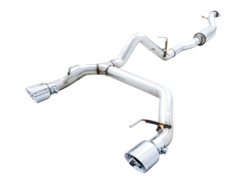 AWE Tuning 2021+ Ford Bronco 0FG Dual Rear Exit Exhaust w/Chrome Silver Tips & Bash Guard AWE Tuning 2021+ Ford Bronco 0FG Dual Rear Exit Exhaust w/Chrome Silver Tips & Bash Guard