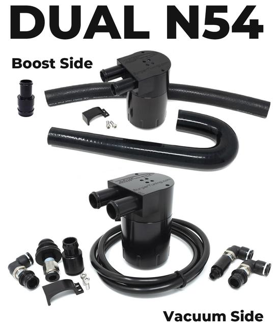 Dual BMS Oil Catch Can Kit for N54 BMW (Vacuum & Boost) - N54 535 / Billet aluminum Can base with 1/8" NPT bung