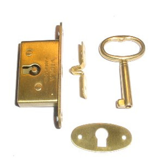 BRASS BOX LOCK, KEY & ESCUTCHION: