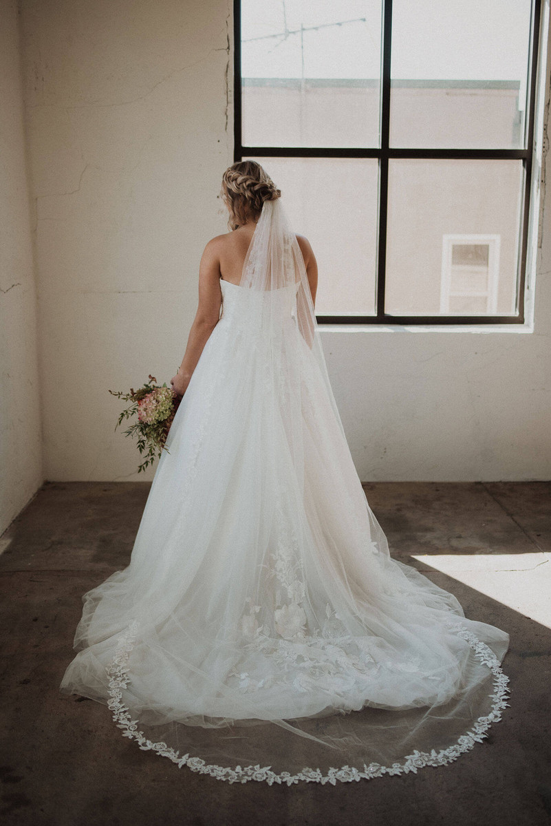 Cathedral Veil with Floral French Lace Trim, White/ Ivory