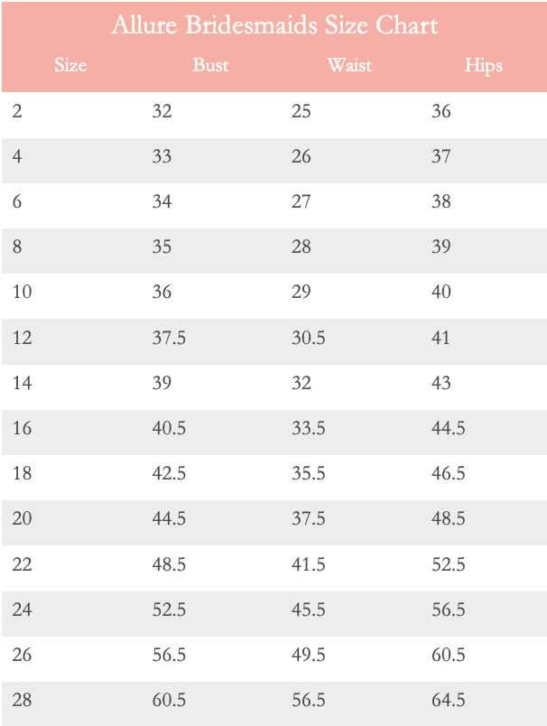 allure bridesmaids size chart