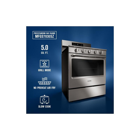 Maytag® 30-Inch Wide Freestanding Gas Range with Grill Mode and No Preheat Air Fry - 5.0 Cu. Ft. MFGS7030SZ Maytag® 30-Inch Wide Freestanding Gas Range with Grill Mode and No Preheat Air Fry - 5.0 Cu. Ft. MFGS7030SZ