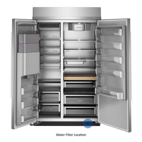 Kitchenaid® 29.4 Cu. Ft. 48" Built-In Side-by-Side Refrigerator features Exterior Water and Ice Dispenser with Measured Fill KBSD748SPS