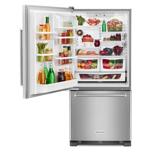 Kitchenaid® 19 cu.ft. 30-Inch Width Full Depth Non Dispense Bottom Mount Refrigerator KRBL109ESS