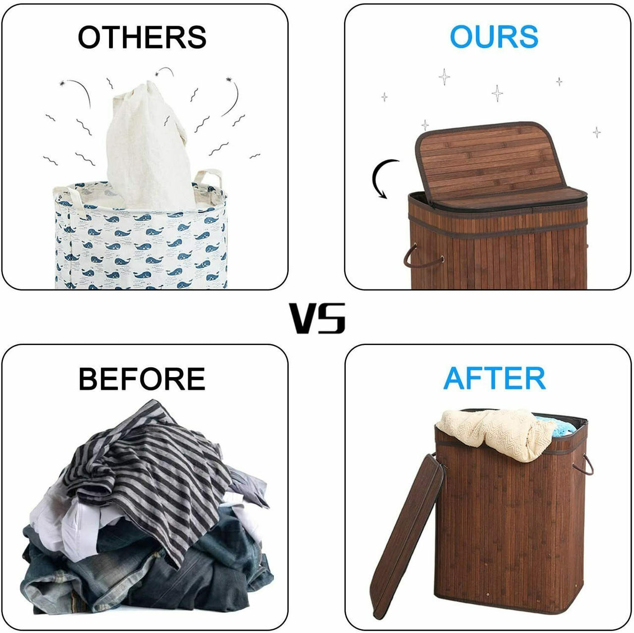 Laundry Hamper with Lid 72L Folding Bamboo Laundry Basket with ...