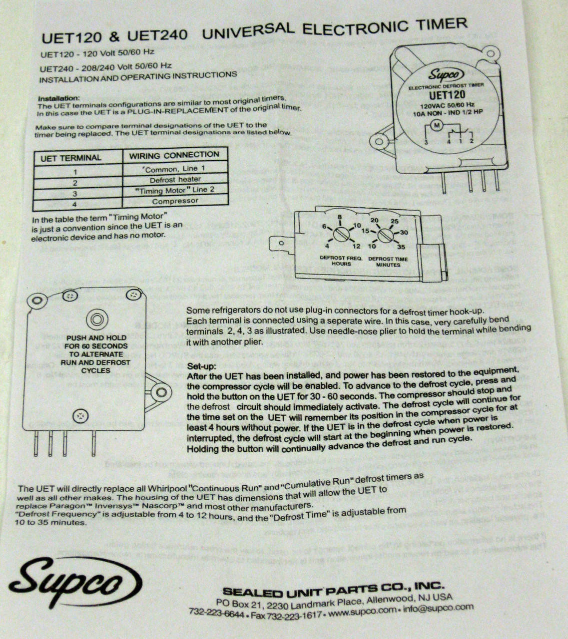 UET120 SUPCO Refrigerator Defrost Timer Control Universal 120V / lot of 2