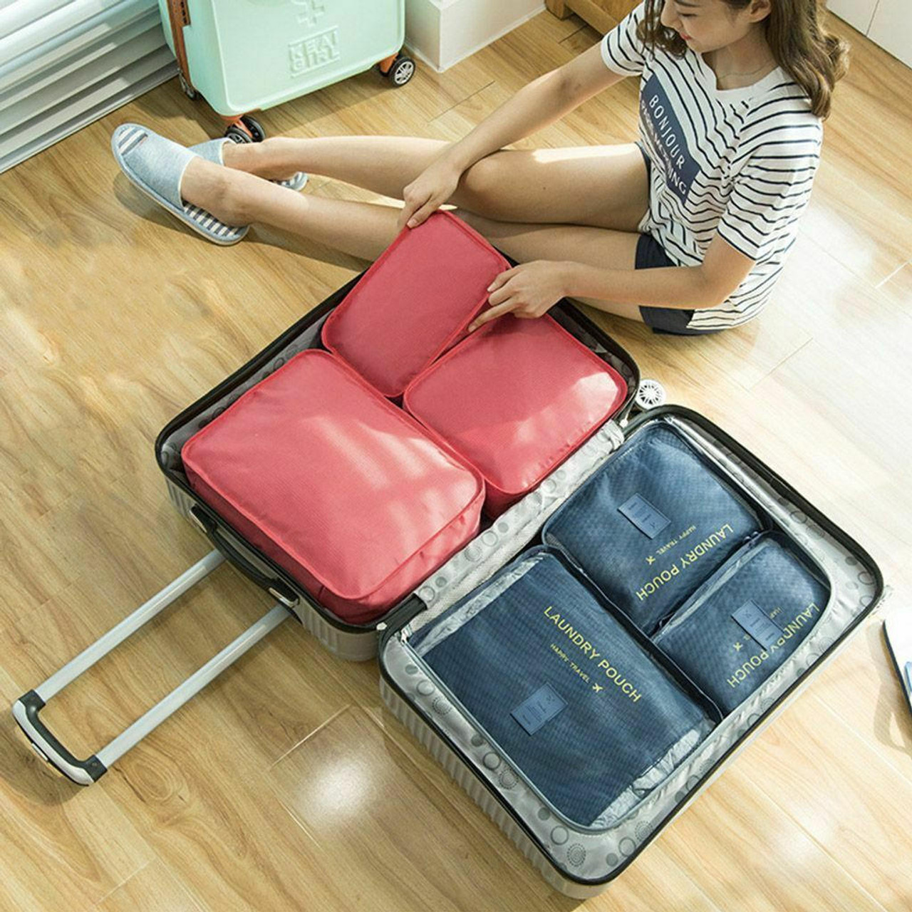 6pcs Travel Storage Bag Set for Clothes Luggage Packing Cube Organizer Suitcase, Size: One size, Pink