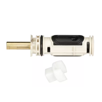 Side view of Moen 1222 shower cartridge featuring black rubber oval seals and O-rings designed to fix leaks and drips.