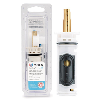 Moen 1222 Posi-Temp replacement cartridge for single-handle tub and shower faucets showing brass stem and durable plastic body.