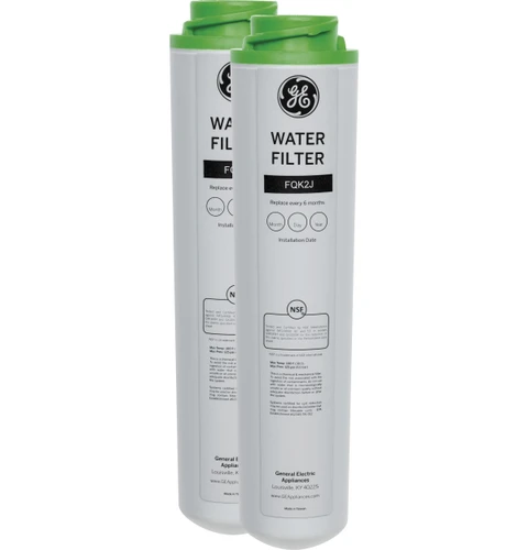 GE FQK2J under sink filter, white with green top, reduces lead & chlorine, fits GXULQR GXULQK systems.