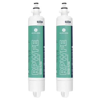 GE RPWFE Refrigerator Water Filter 2-Pack with RFID Chip, replaces RPWF, white color.