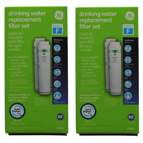 GE FQSVF water filter replacement cartridges, 2-pack, white, for GXSV65R and GNSV70RBL water systems.